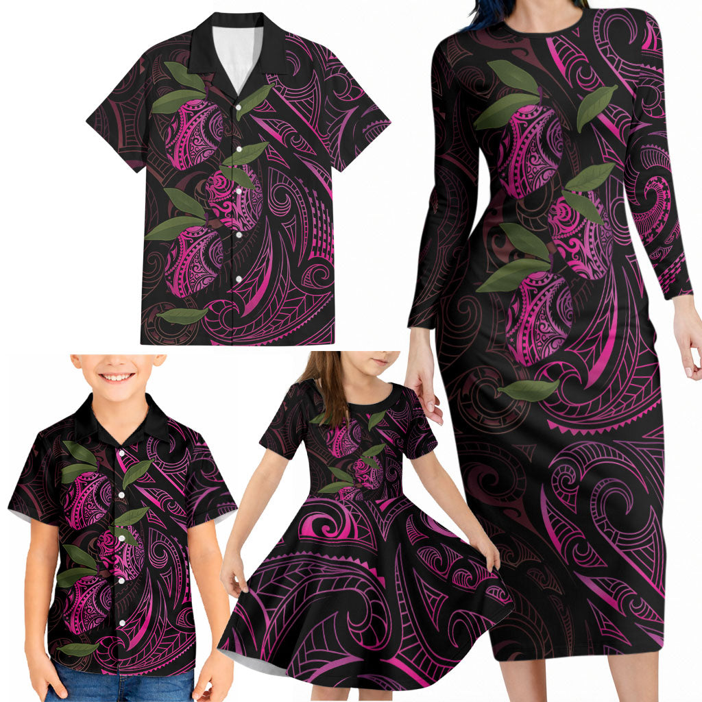 Hawaiian Mango Tribal Tattoo Family Matching Long Sleeve Bodycon Dress and Hawaiian Shirt Pink Pacific Traditional Pattern