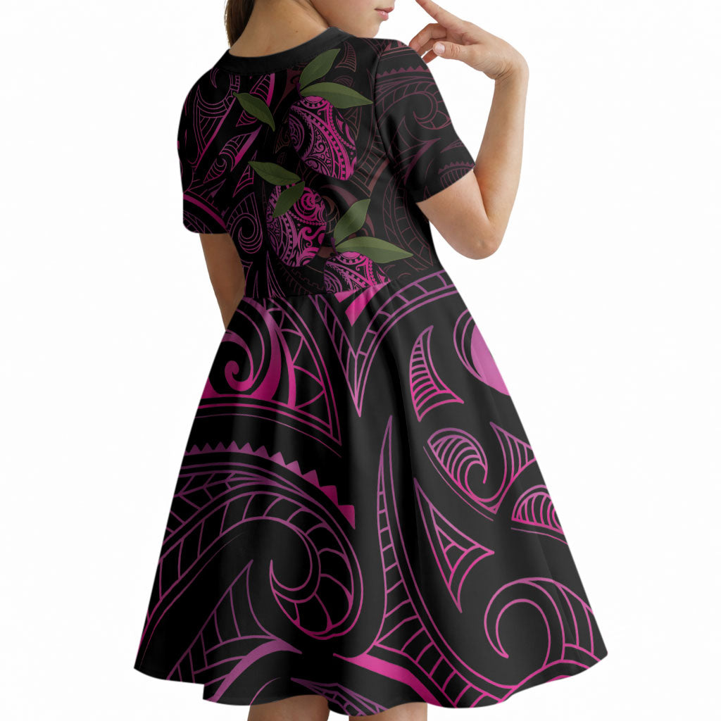 Hawaiian Mango Tribal Tattoo Kid Short Sleeve Dress Pink Pacific Traditional Pattern
