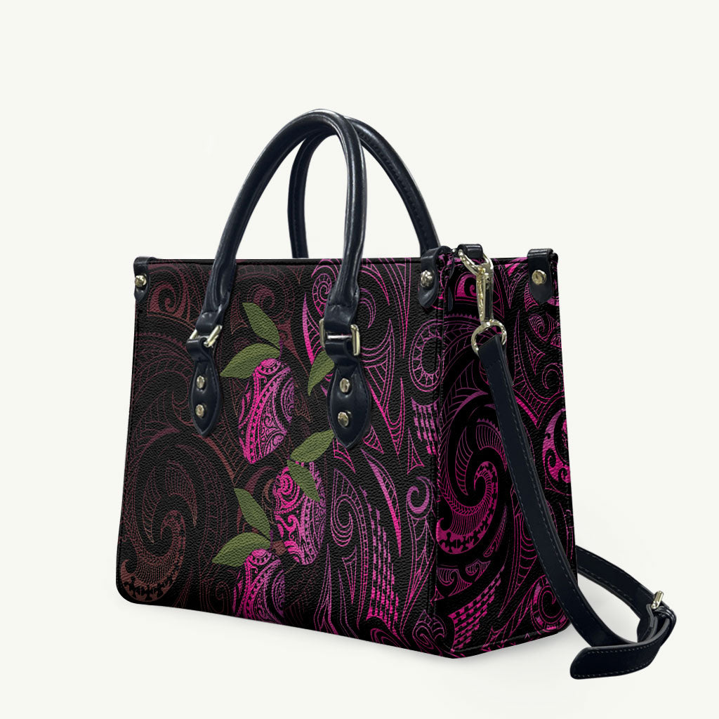 Hawaiian Mango Tribal Tattoo Leather Bag Pink Pacific Traditional Pattern