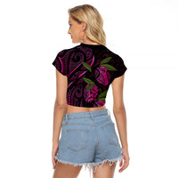 Hawaiian Mango Tribal Tattoo Raglan Cropped T Shirt Pink Pacific Traditional Pattern