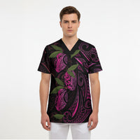Hawaiian Mango Tribal Tattoo Scrub Top Pink Pacific Traditional Pattern