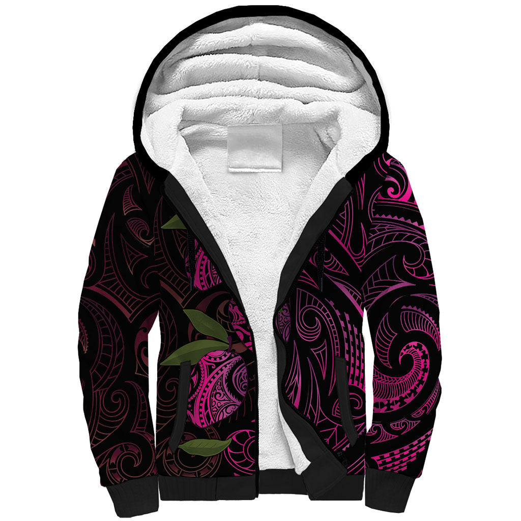 Hawaiian Mango Tribal Tattoo Sherpa Hoodie Pink Pacific Traditional Pattern