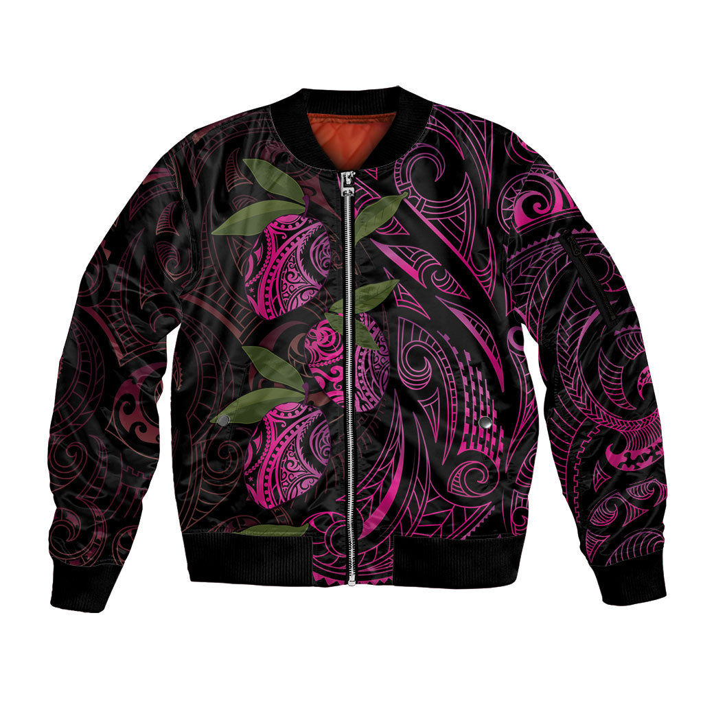 Hawaiian Mango Tribal Tattoo Sleeve Zip Bomber Jacket Pink Pacific Traditional Pattern