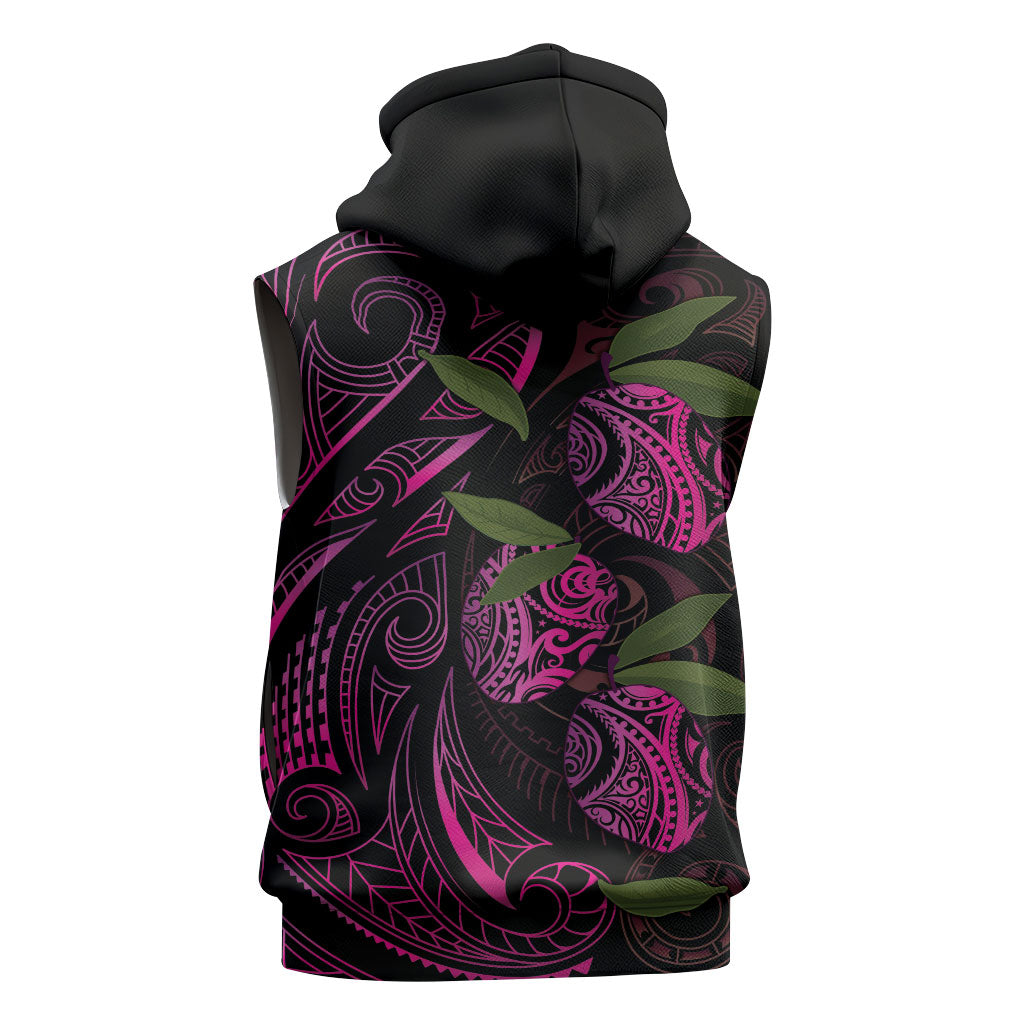 Hawaiian Mango Tribal Tattoo Sleeveless Hoodie Pink Pacific Traditional Pattern