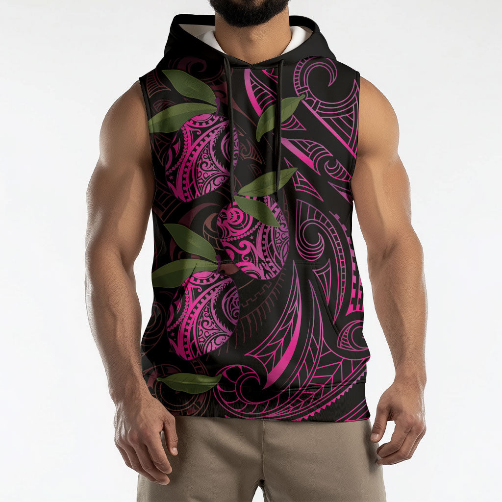 Hawaiian Mango Tribal Tattoo Sleeveless Hoodie Pink Pacific Traditional Pattern