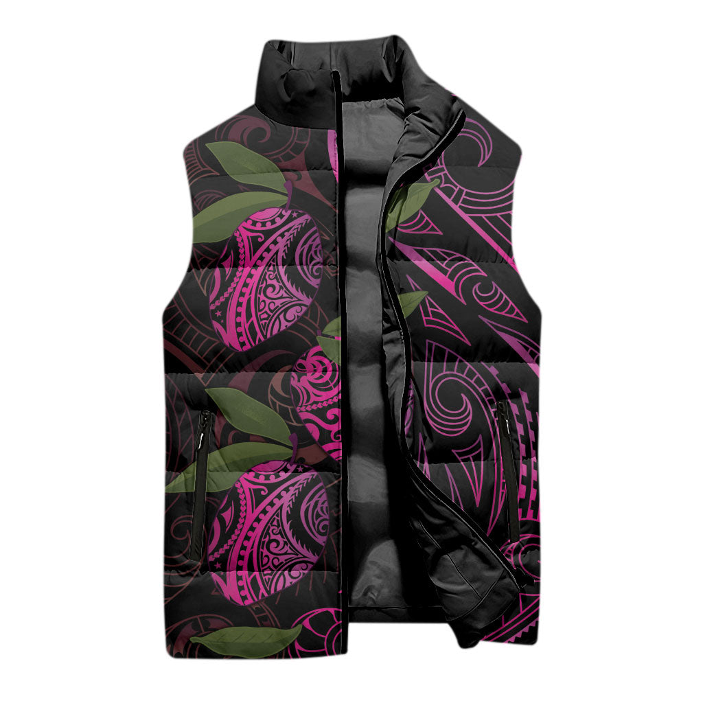Hawaiian Mango Tribal Tattoo Sleeveless Puffer Jacket Pink Pacific Traditional Pattern