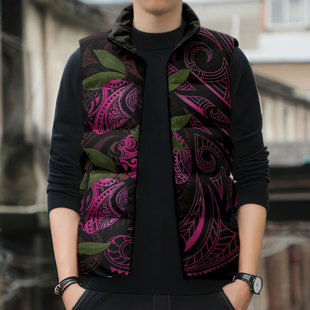 Hawaiian Mango Tribal Tattoo Sleeveless Puffer Jacket Pink Pacific Traditional Pattern