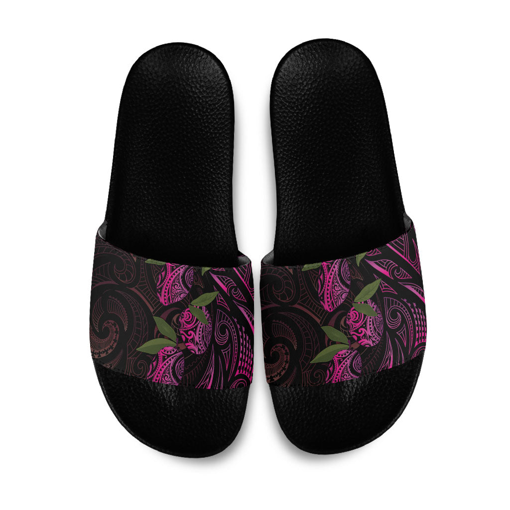 Hawaiian Mango Tribal Tattoo Slide Sandals Pink Pacific Traditional Pattern