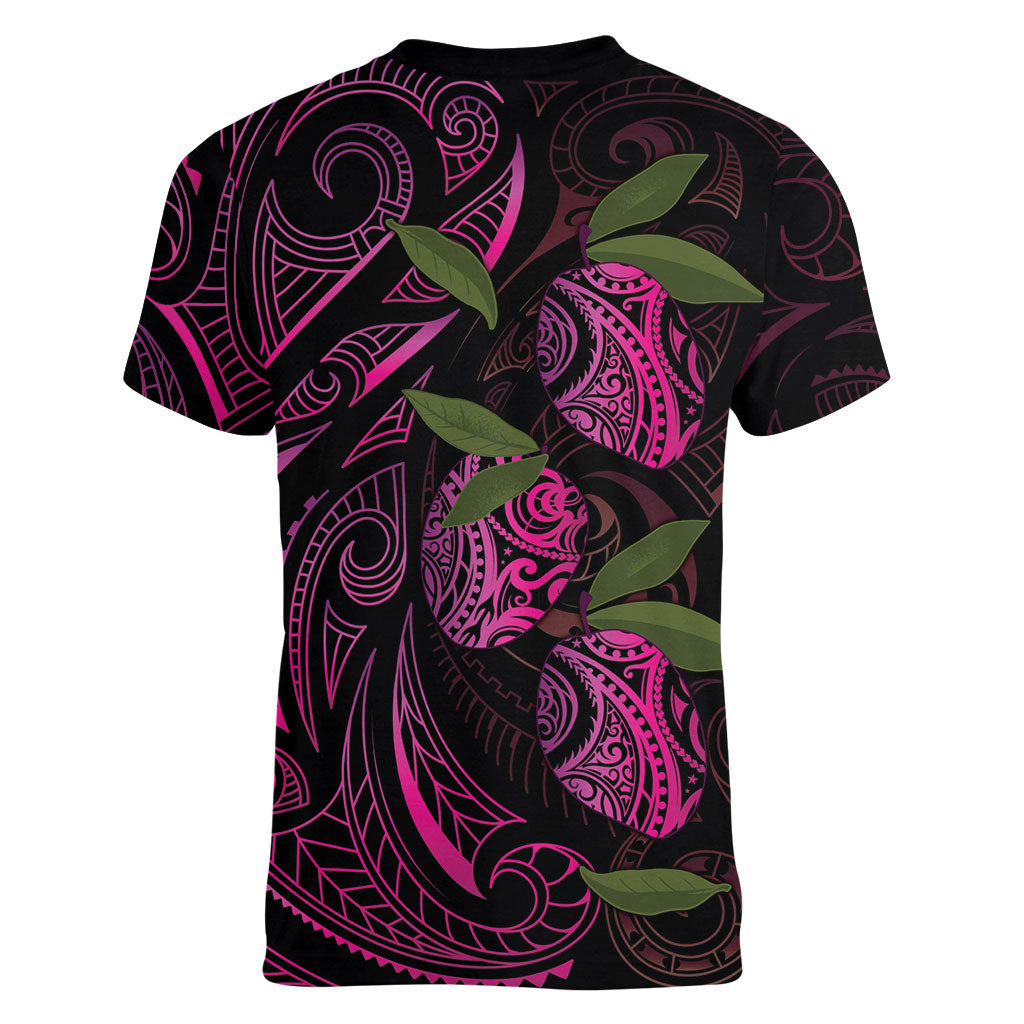 Hawaiian Mango Tribal Tattoo Women V-Neck T-Shirt Pink Pacific Traditional Pattern