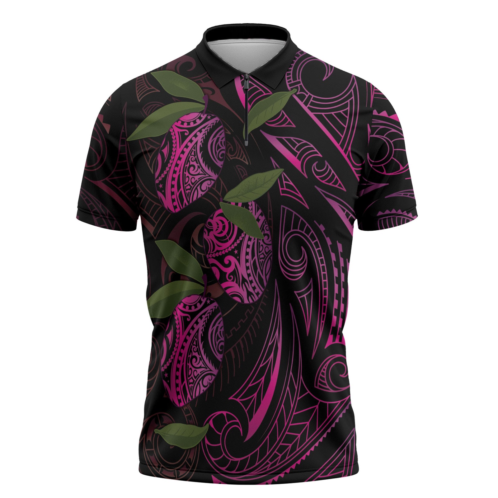 Hawaiian Mango Tribal Tattoo Zipper Polo Shirt Pink Pacific Traditional Pattern