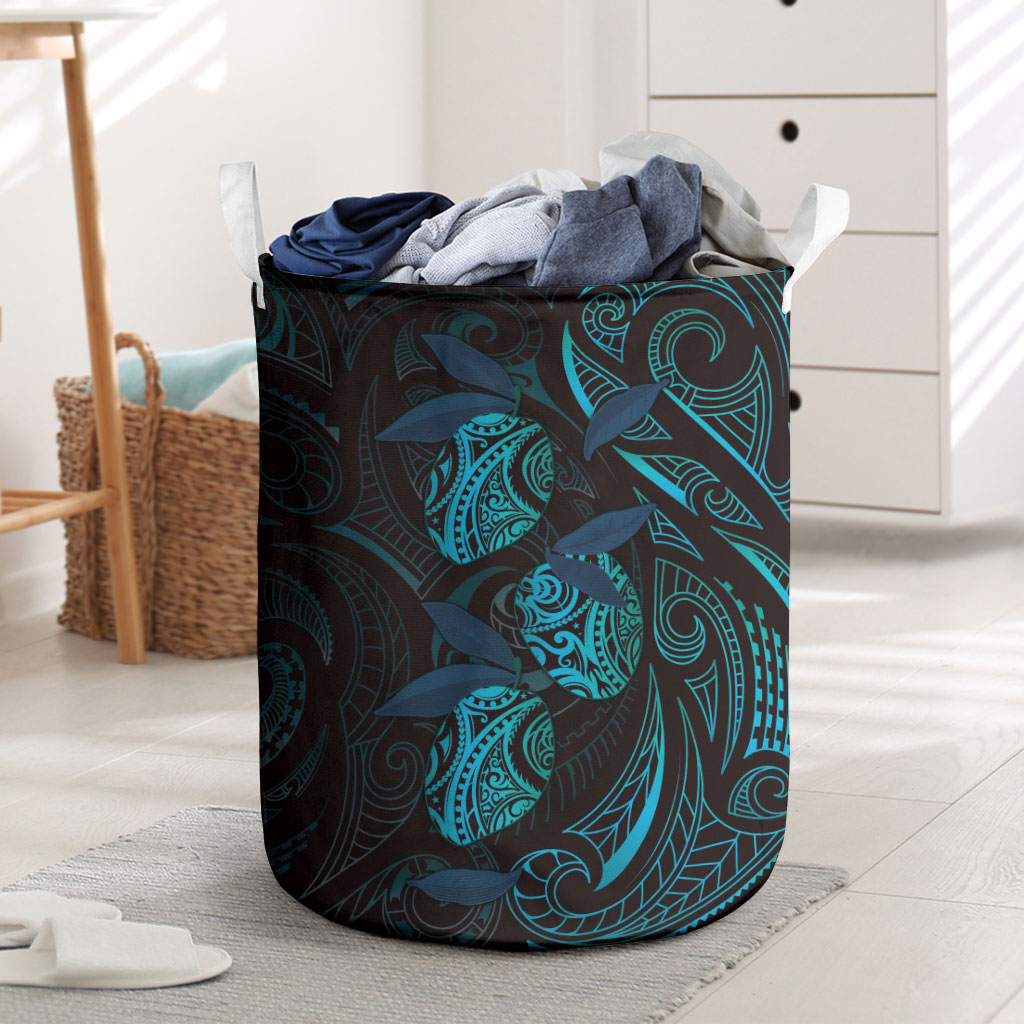 Hawaiian Mango Tribal Tattoo Laundry Basket Teal Pacific Traditional Pattern