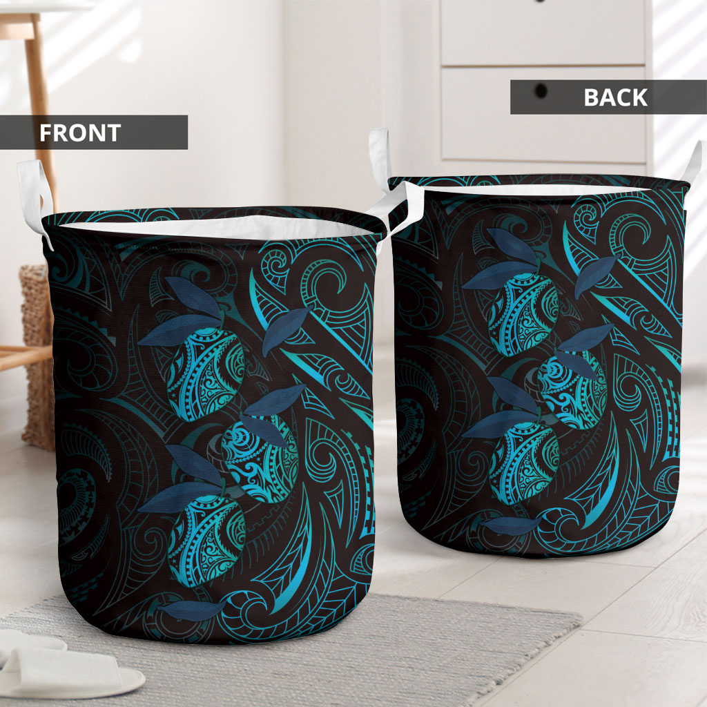 Hawaiian Mango Tribal Tattoo Laundry Basket Teal Pacific Traditional Pattern
