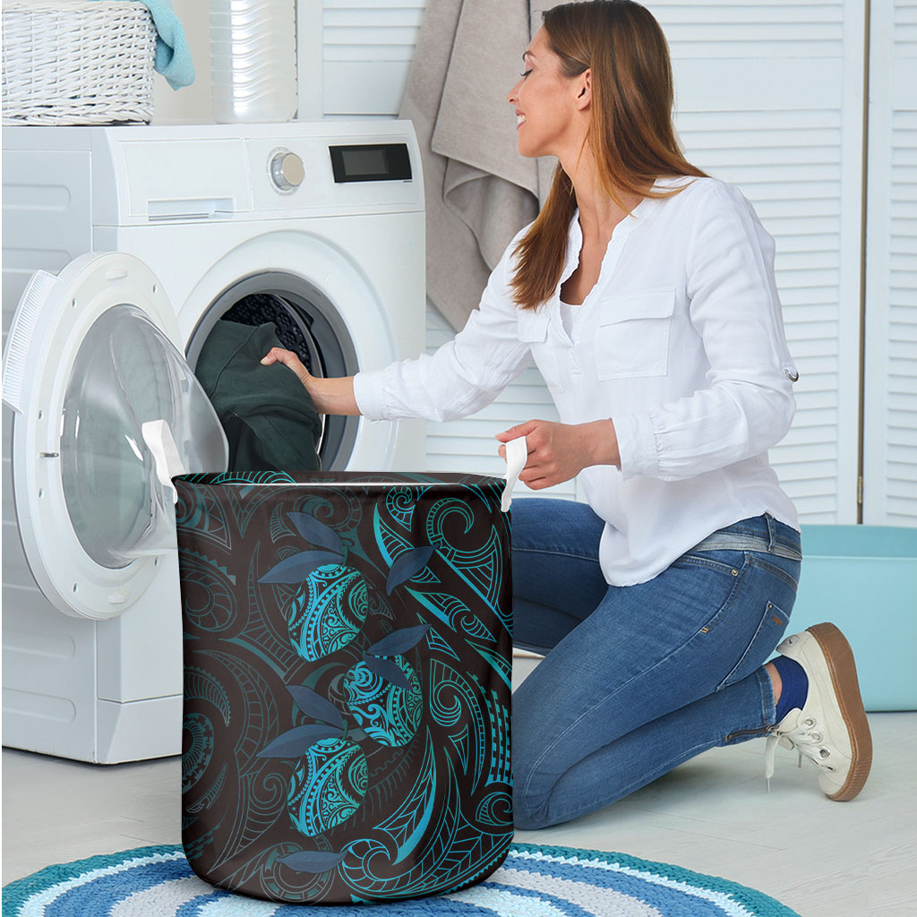 Hawaiian Mango Tribal Tattoo Laundry Basket Teal Pacific Traditional Pattern