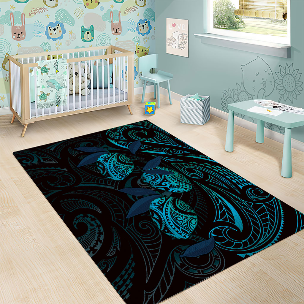 Hawaiian Mango Tribal Tattoo Area Rug Teal Pacific Traditional Pattern