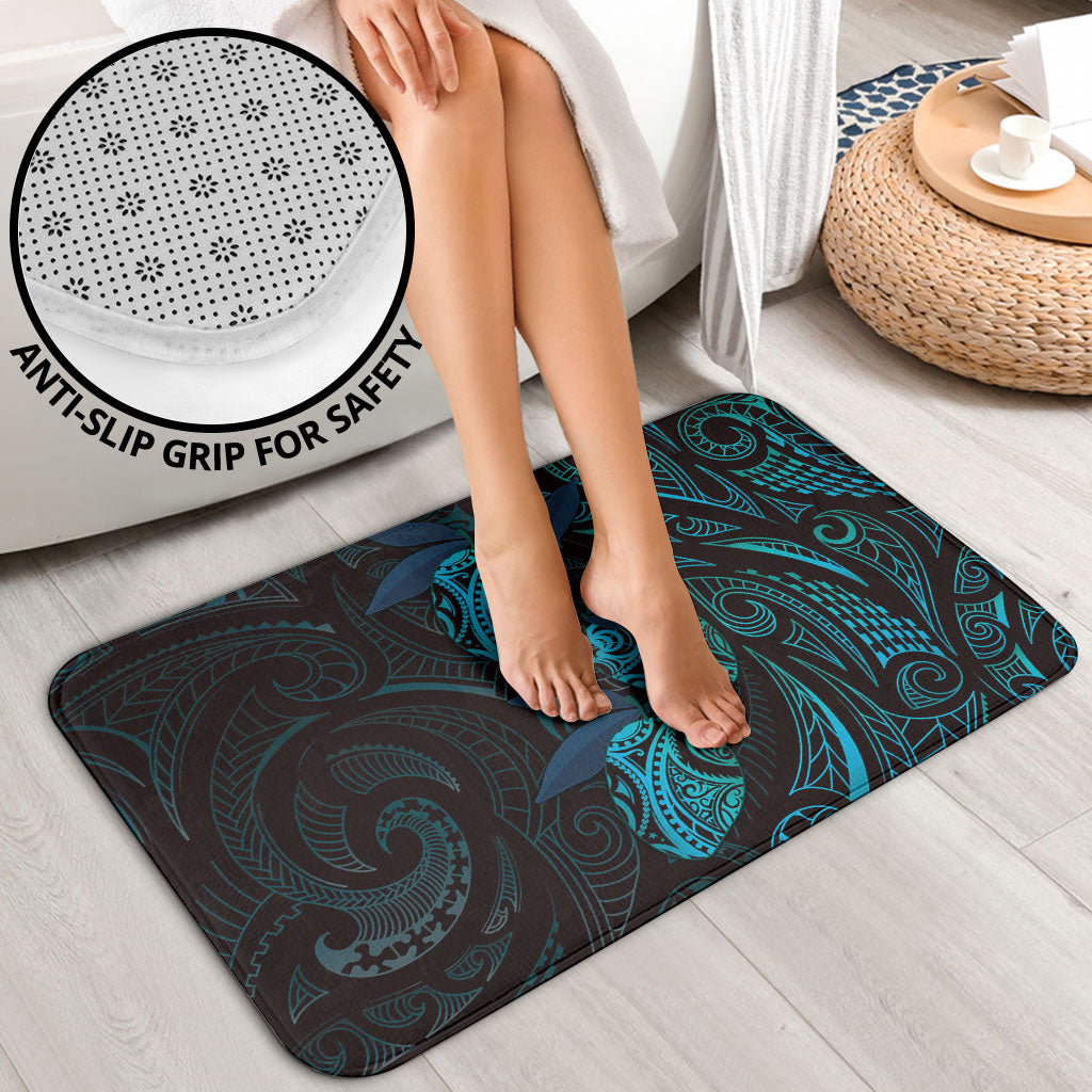 Hawaiian Mango Tribal Tattoo Bathroom Set Teal Pacific Traditional Pattern