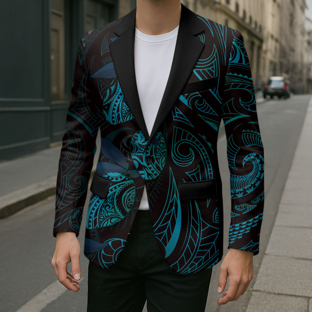 Hawaiian Mango Tribal Tattoo Blazer Teal Pacific Traditional Pattern