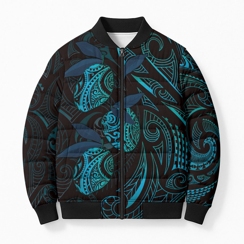 Hawaiian Mango Tribal Tattoo Bomber Puffer Jacket Teal Pacific Traditional Pattern