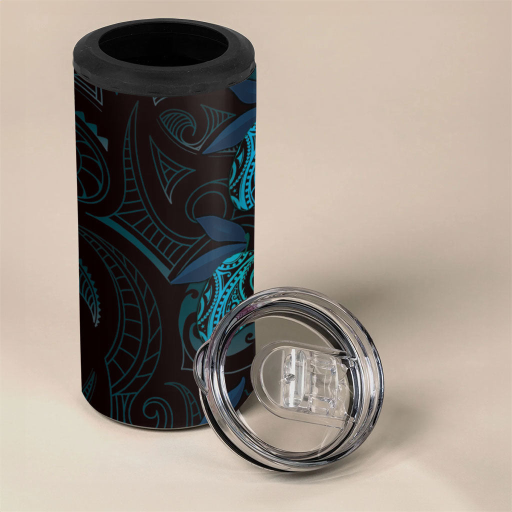 Hawaiian Mango Tribal Tattoo 4 in 1 Can Cooler Tumbler Teal Pacific Traditional Pattern