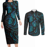Hawaiian Mango Tribal Tattoo Couples Matching Long Sleeve Bodycon Dress and Long Sleeve Button Shirt Teal Pacific Traditional Pattern