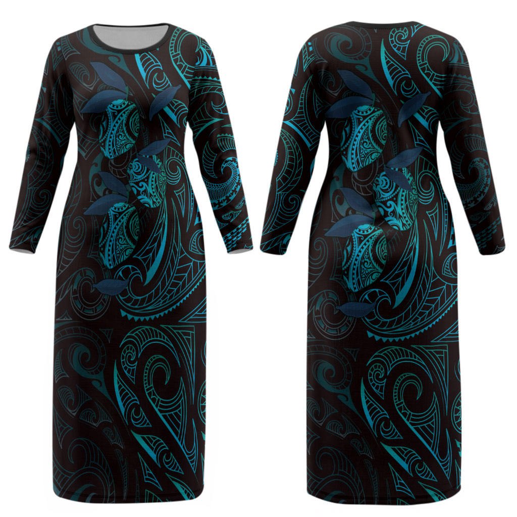 Hawaiian Mango Tribal Tattoo Couples Matching Long Sleeve Bodycon Dress and Long Sleeve Button Shirt Teal Pacific Traditional Pattern