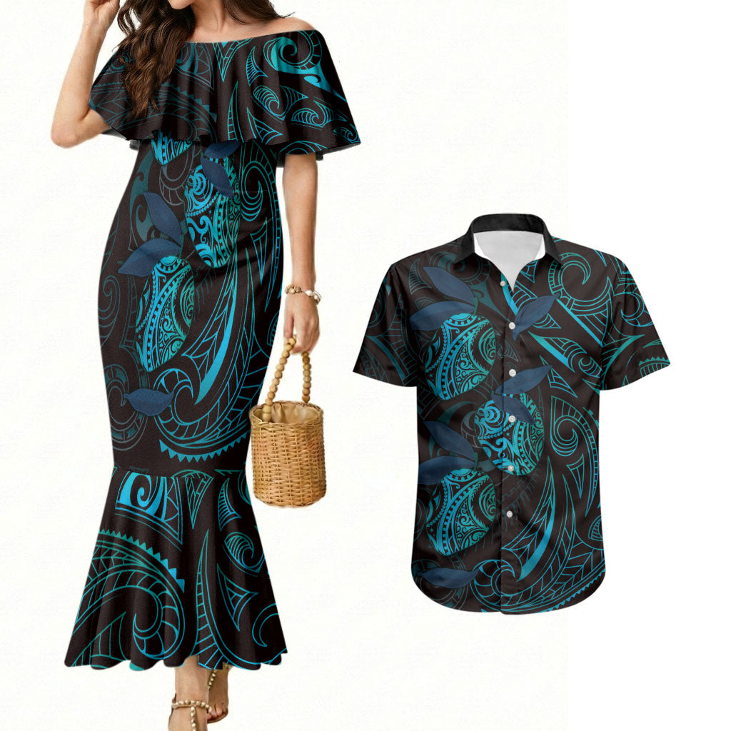 Hawaiian Mango Tribal Tattoo Couples Matching Mermaid Dress and Hawaiian Shirt Teal Pacific Traditional Pattern