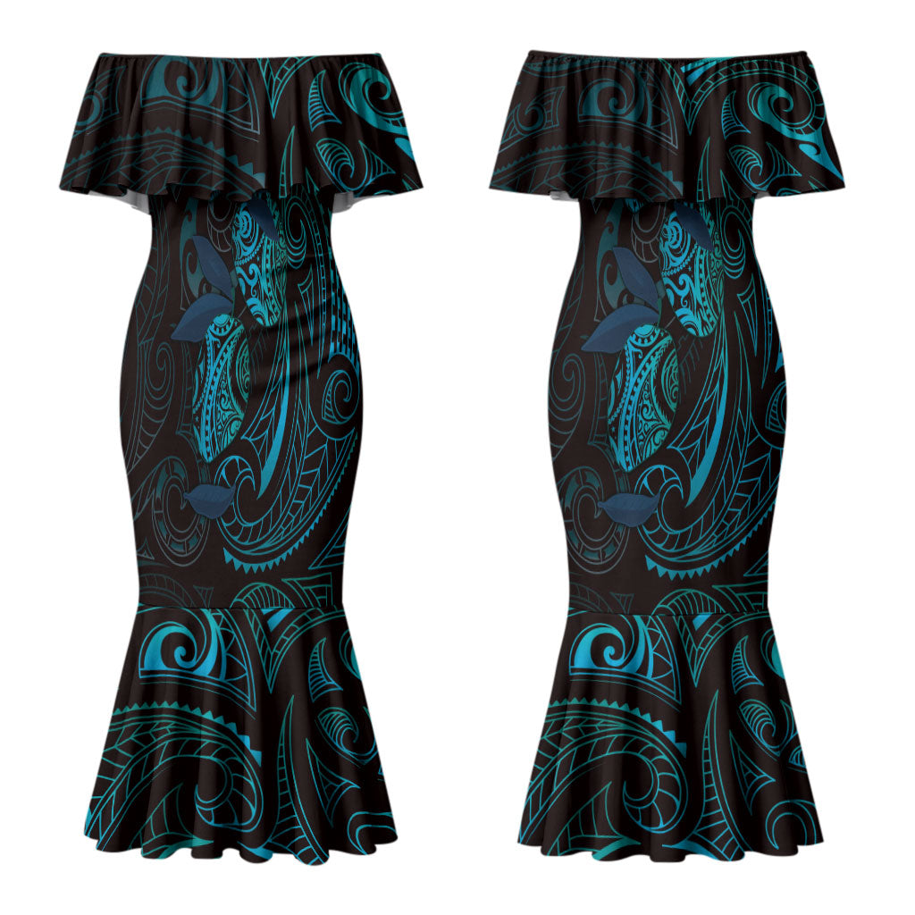 Hawaiian Mango Tribal Tattoo Couples Matching Mermaid Dress and Hawaiian Shirt Teal Pacific Traditional Pattern