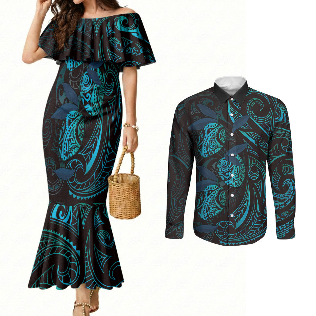 Hawaiian Mango Tribal Tattoo Couples Matching Mermaid Dress and Long Sleeve Button Shirt Teal Pacific Traditional Pattern