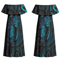 Hawaiian Mango Tribal Tattoo Couples Matching Off Shoulder Maxi Dress and Hawaiian Shirt Teal Pacific Traditional Pattern