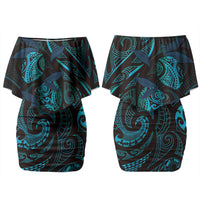 Hawaiian Mango Tribal Tattoo Couples Matching Off Shoulder Short Dress and Long Sleeve Button Shirt Teal Pacific Traditional Pattern