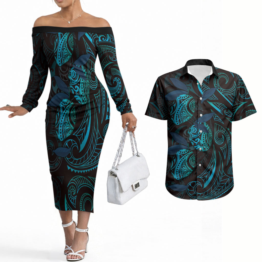 Hawaiian Mango Tribal Tattoo Couples Matching Off The Shoulder Long Sleeve Dress and Hawaiian Shirt Teal Pacific Traditional Pattern