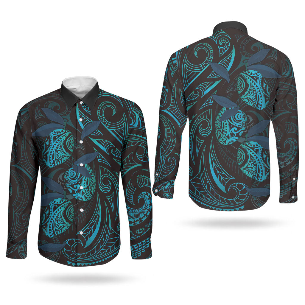 Hawaiian Mango Tribal Tattoo Couples Matching Off The Shoulder Long Sleeve Dress and Long Sleeve Button Shirt Teal Pacific Traditional Pattern