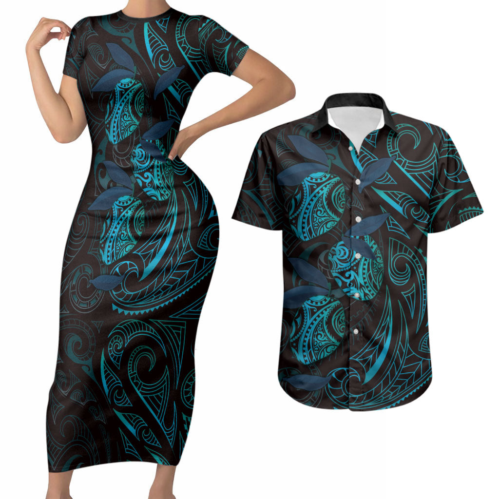 Hawaiian Mango Tribal Tattoo Couples Matching Short Sleeve Bodycon Dress and Hawaiian Shirt Teal Pacific Traditional Pattern