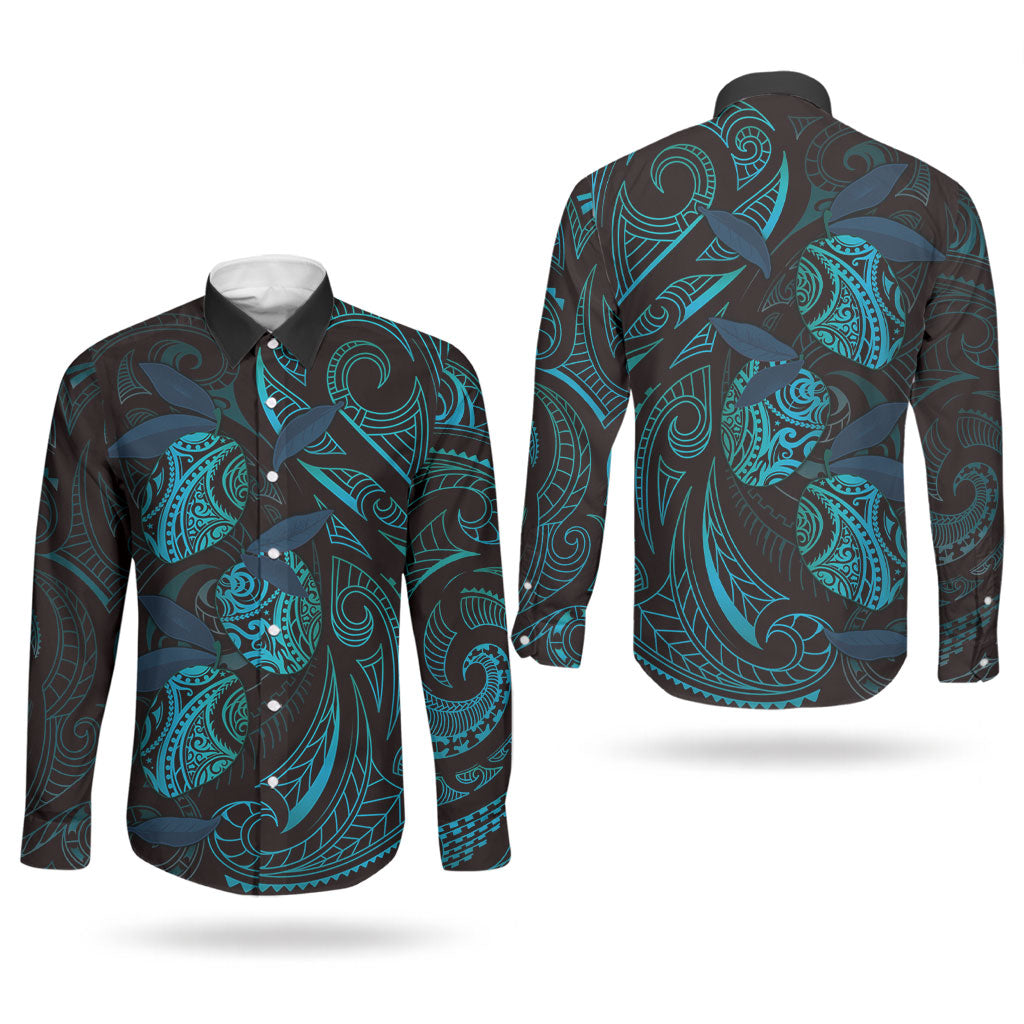 Hawaiian Mango Tribal Tattoo Couples Matching Short Sleeve Bodycon Dress and Long Sleeve Button Shirt Teal Pacific Traditional Pattern