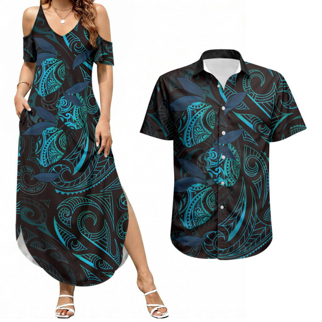 Hawaiian Mango Tribal Tattoo Couples Matching Summer Maxi Dress and Hawaiian Shirt Teal Pacific Traditional Pattern