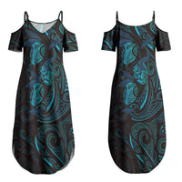 Hawaiian Mango Tribal Tattoo Couples Matching Summer Maxi Dress and Long Sleeve Button Shirt Teal Pacific Traditional Pattern