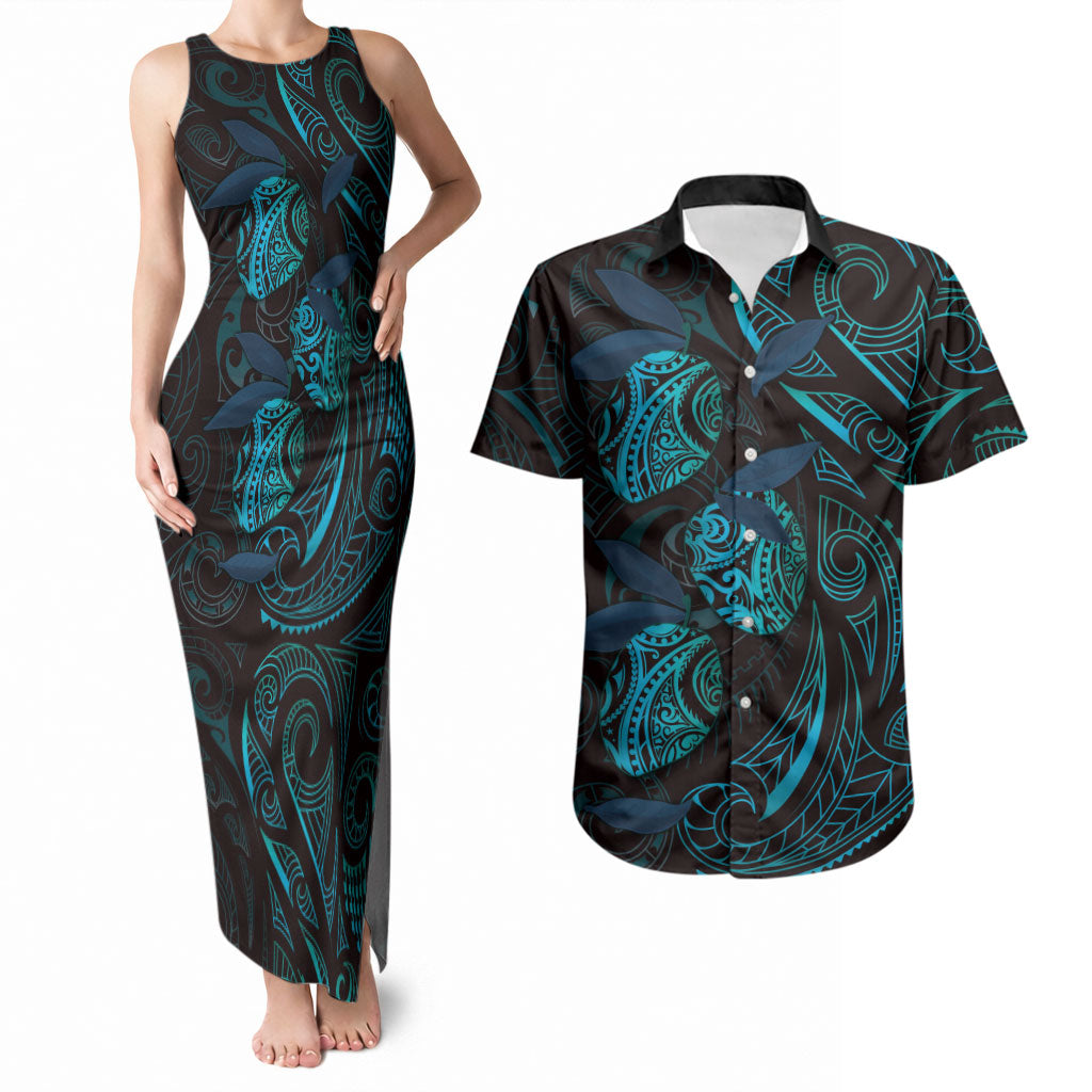 Hawaiian Mango Tribal Tattoo Couples Matching Tank Maxi Dress and Hawaiian Shirt Teal Pacific Traditional Pattern