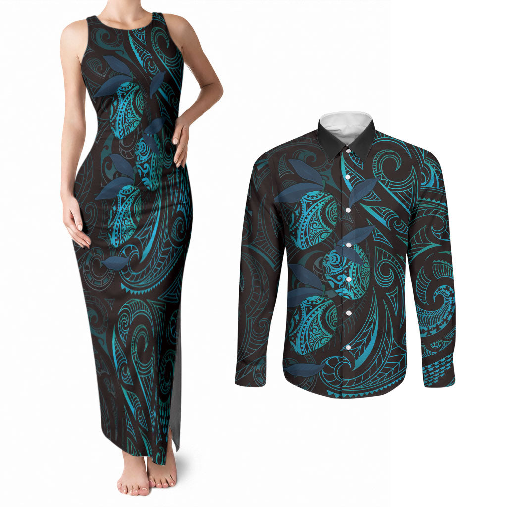 Hawaiian Mango Tribal Tattoo Couples Matching Tank Maxi Dress and Long Sleeve Button Shirt Teal Pacific Traditional Pattern