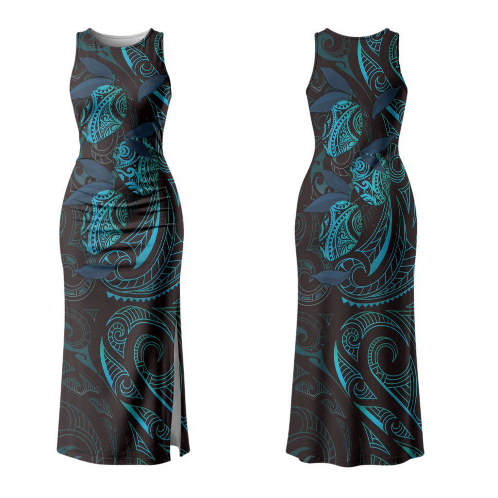 Hawaiian Mango Tribal Tattoo Couples Matching Tank Maxi Dress and Long Sleeve Button Shirt Teal Pacific Traditional Pattern