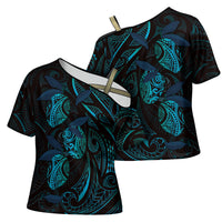 Hawaiian Mango Tribal Tattoo Cross Shoulder Shirt Teal Pacific Traditional Pattern