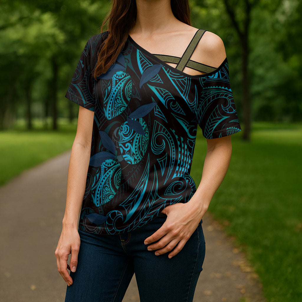 Hawaiian Mango Tribal Tattoo Cross Shoulder Shirt Teal Pacific Traditional Pattern