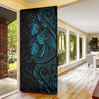 Hawaiian Mango Tribal Tattoo Door Cover Teal Pacific Traditional Pattern
