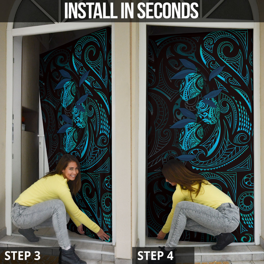 Hawaiian Mango Tribal Tattoo Door Cover Teal Pacific Traditional Pattern