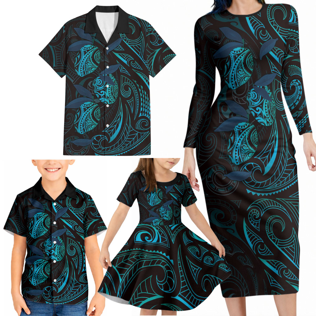 Hawaiian Mango Tribal Tattoo Family Matching Long Sleeve Bodycon Dress and Hawaiian Shirt Teal Pacific Traditional Pattern