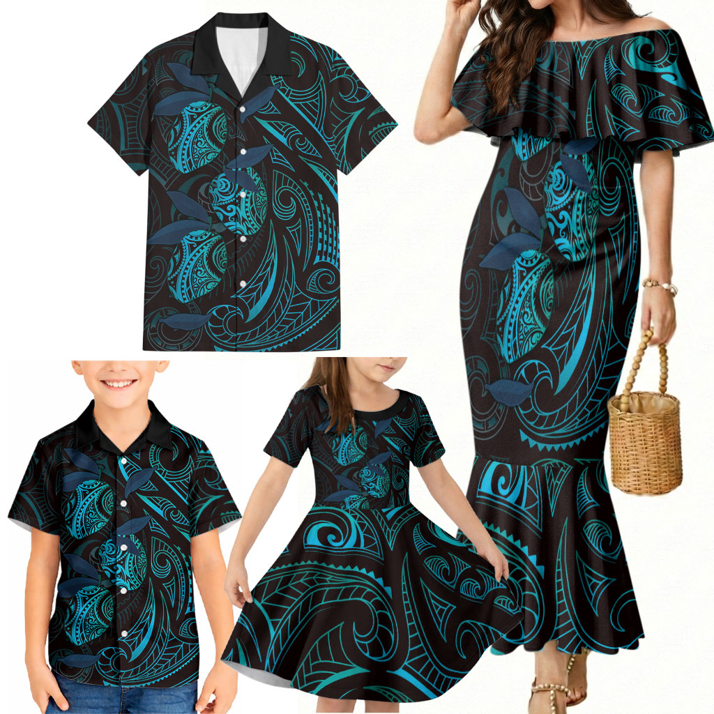 Hawaiian Mango Tribal Tattoo Family Matching Mermaid Dress and Hawaiian Shirt Teal Pacific Traditional Pattern