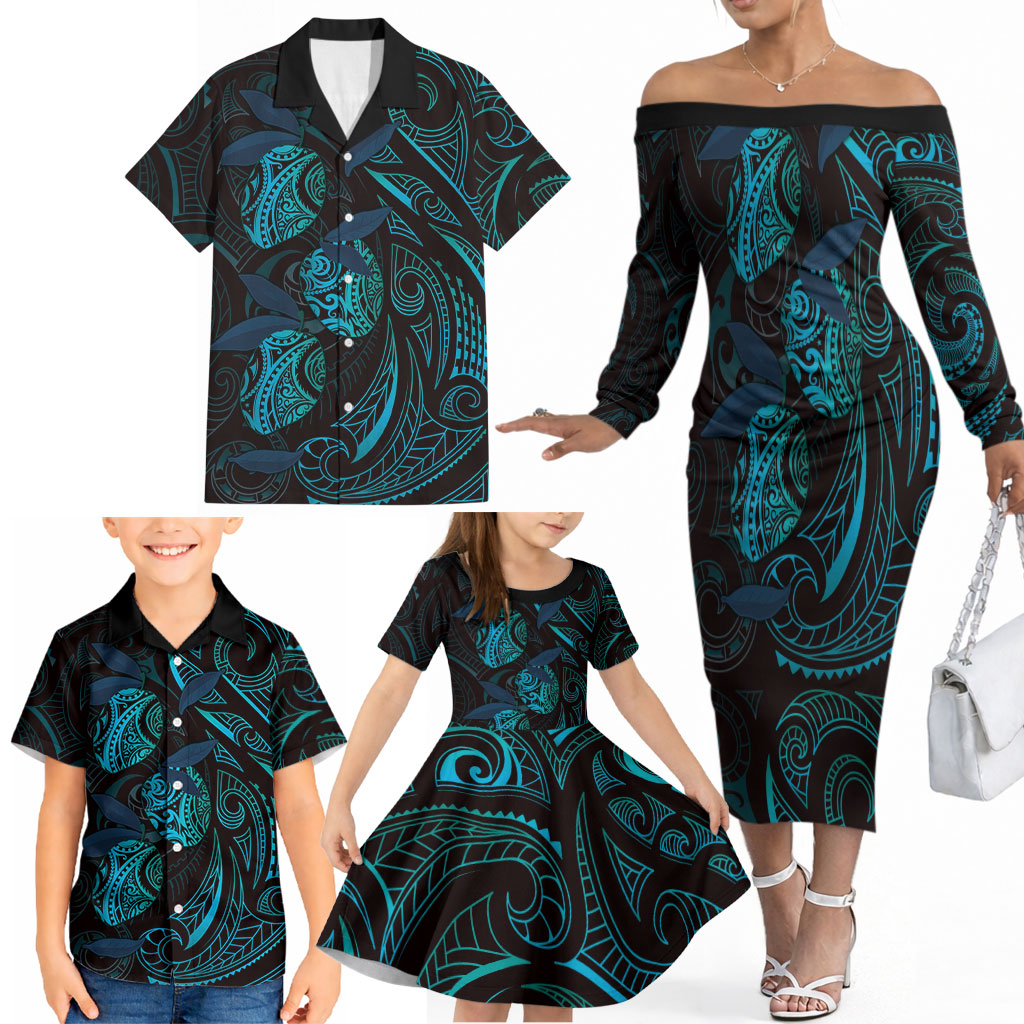 Hawaiian Mango Tribal Tattoo Family Matching Off The Shoulder Long Sleeve Dress and Hawaiian Shirt Teal Pacific Traditional Pattern