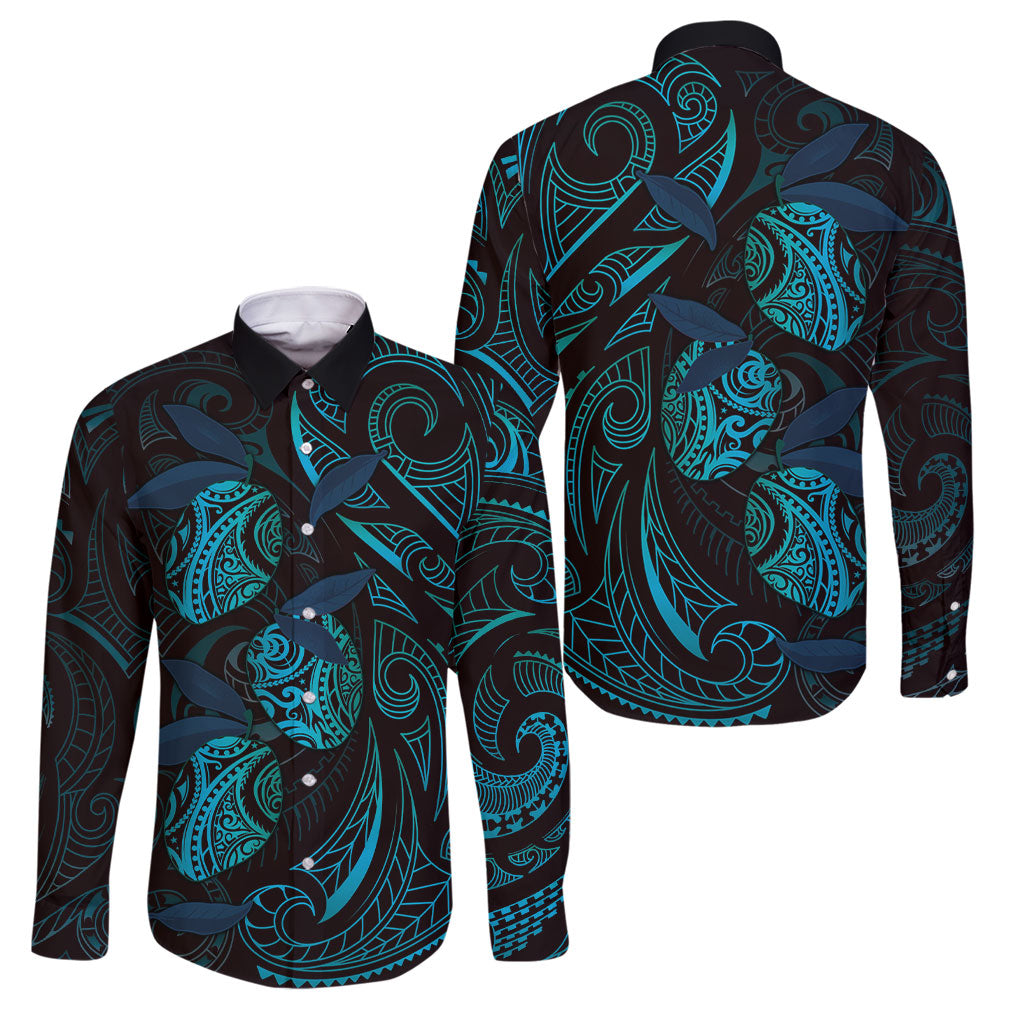 Hawaiian Mango Tribal Tattoo Family Matching Off The Shoulder Long Sleeve Dress and Hawaiian Shirt Teal Pacific Traditional Pattern