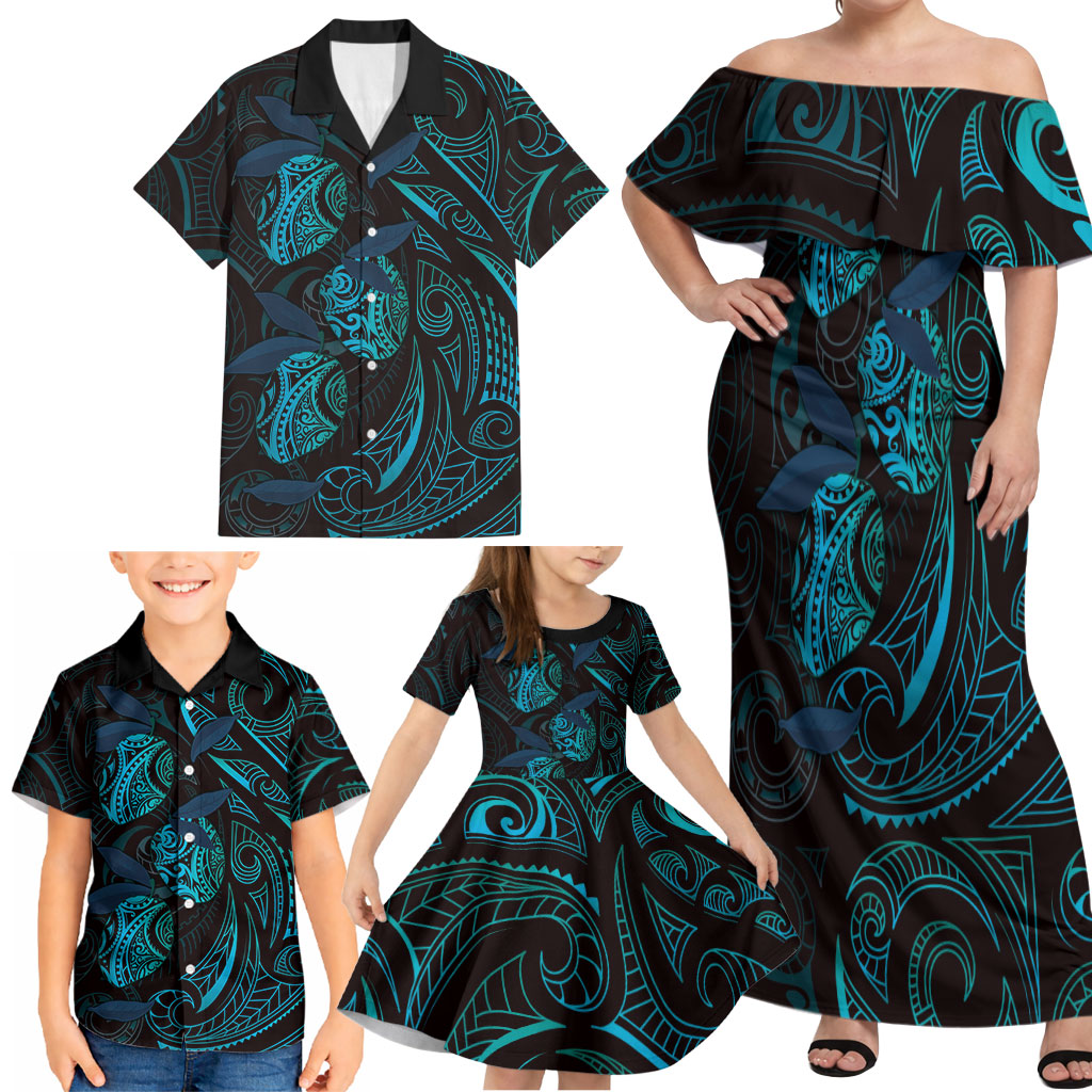 Hawaiian Mango Tribal Tattoo Family Matching Off Shoulder Maxi Dress and Hawaiian Shirt Teal Pacific Traditional Pattern