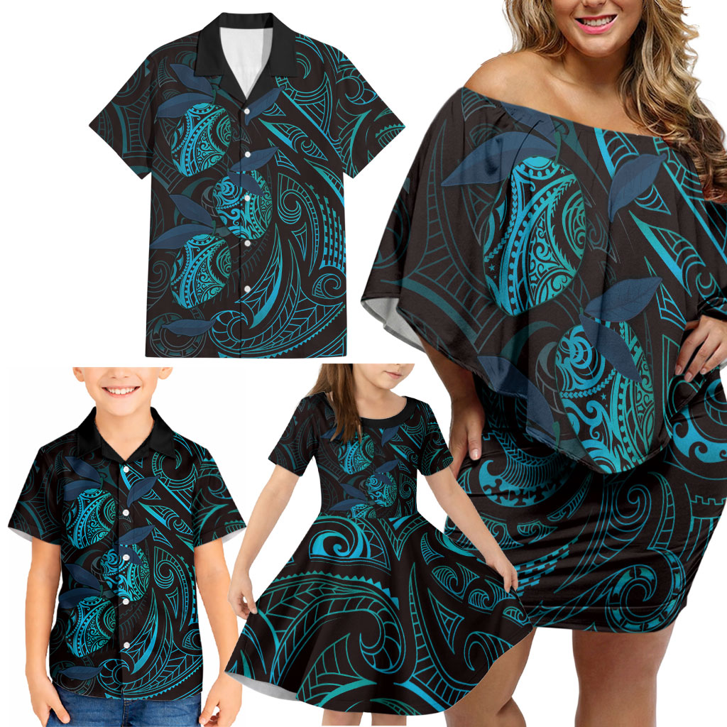 Hawaiian Mango Tribal Tattoo Family Matching Off Shoulder Short Dress and Hawaiian Shirt Teal Pacific Traditional Pattern