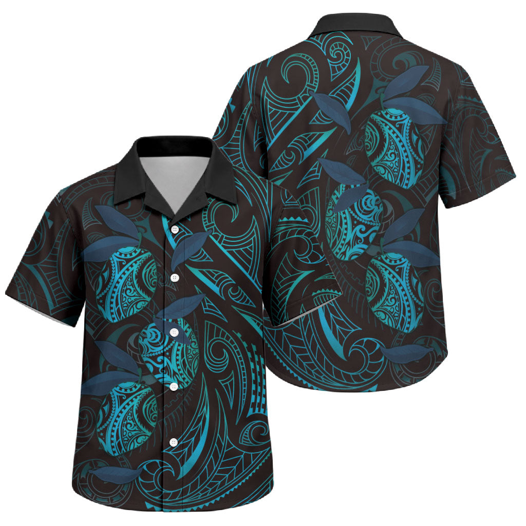 Hawaiian Mango Tribal Tattoo Family Matching Off Shoulder Short Dress and Hawaiian Shirt Teal Pacific Traditional Pattern