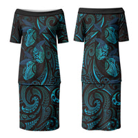 Hawaiian Mango Tribal Tattoo Family Matching Puletasi and Hawaiian Shirt Teal Pacific Traditional Pattern